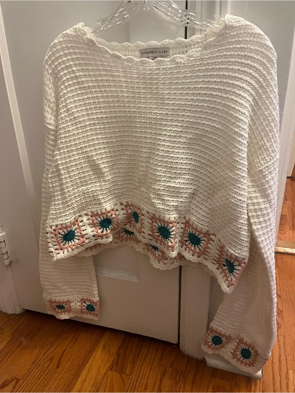Sincerly Jules White Pullover Sweater with Teal & Pink Crochet Accents